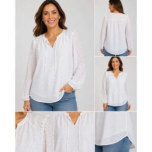 Simply Vera Vera Wang White Textured Peasant Blouse XL Long Sleeve Tie Neck